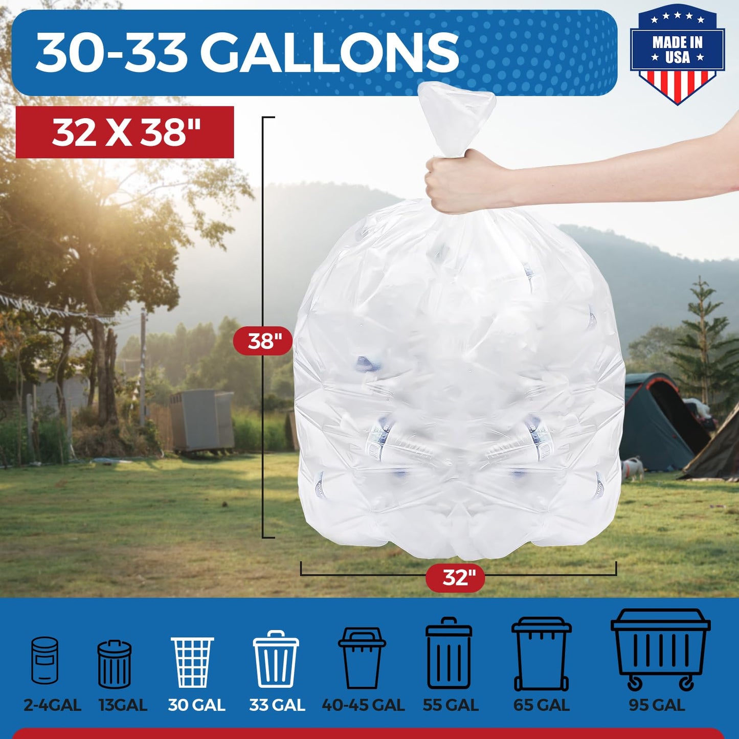 Fuxury 30-33 Gallon Trash Bags Medium Duty, 250 Count Garbage Bags, 32 x 38" Extra Large Clear Trash Bags, 0.6 Mil Plastic Bags for Serious Garbage Cleanup, Made in USA