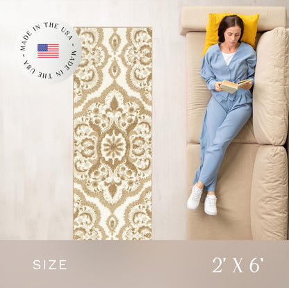 Maples Rugs Vivian Medallion Runner Rug - Made in USA - Washable, Non Slip, Indoor Carpet for Hallway, Kitchen, and Laundry Room, 2' x 6', Beige