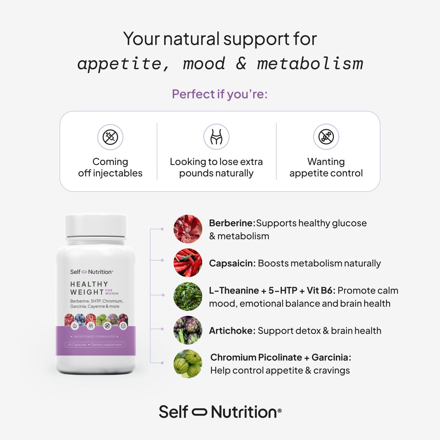 SELF NUTRITION Healthy Weight Loss Supplement for Women, Vegan, Appetite and Craving Control, Fat Burner, Metaboilism Booster, Weight Loss Supplement, Metabolism and Mood Booster - 60 Units