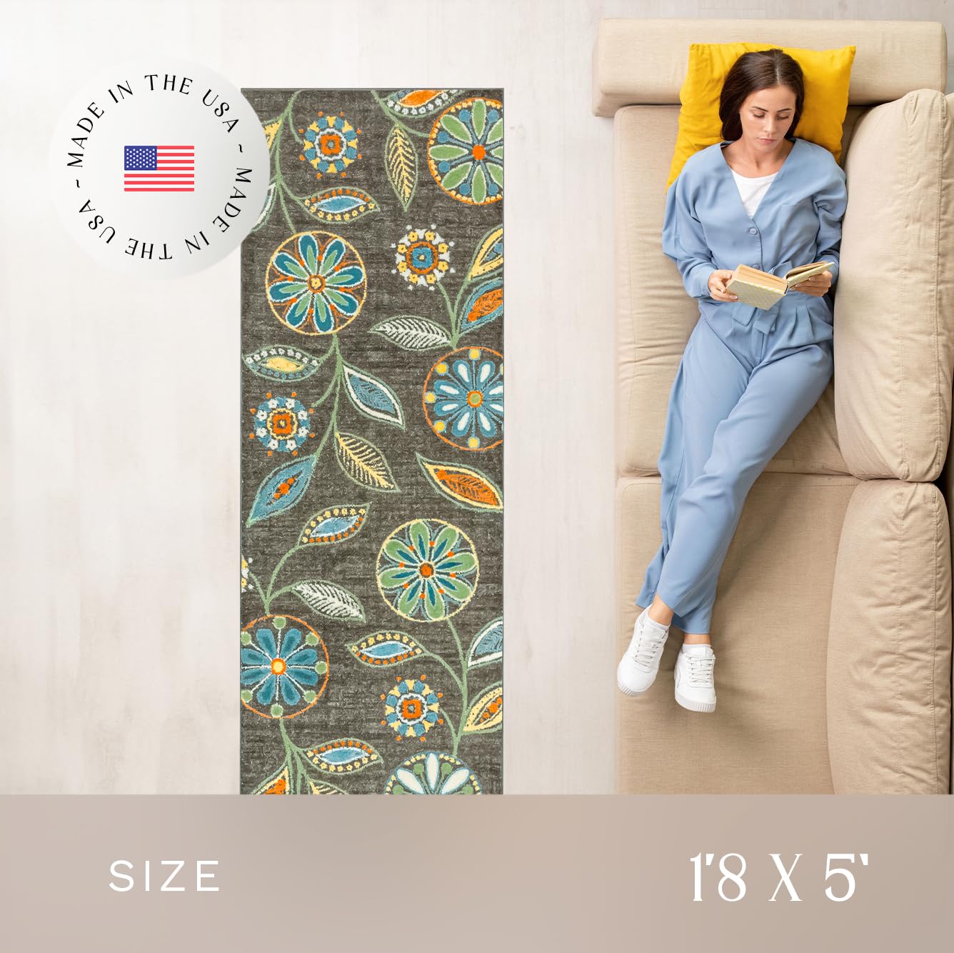 Maples Rugs Reggie Floral Runner Rug - Made in USA - Washable, Non Slip Indoor Carpet for Kitchen, Hallway, and Laundry Room, 1'8 x 5, Dark Grey