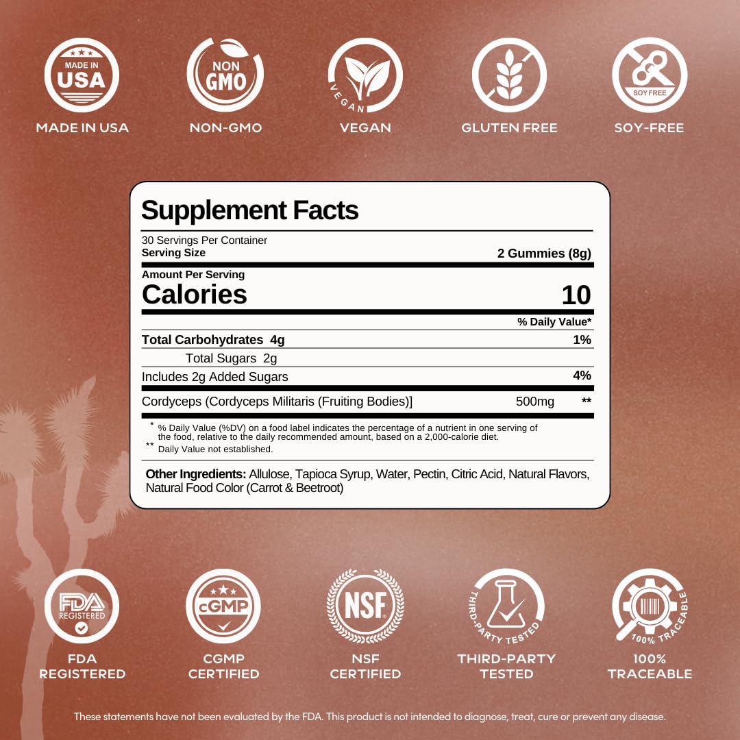 Spark Cordyceps Mushroom Gummies | 500mg Cordyceps Fruiting Bodies | Clean Energy and Endurance Support | Vegan, Gluten-Free | Desert Pear Flavor | 60 Gummies