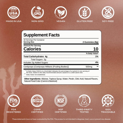 Spark Cordyceps Mushroom Gummies | 500mg Cordyceps Fruiting Bodies | Clean Energy and Endurance Support | Vegan, Gluten-Free | Desert Pear Flavor | 60 Gummies