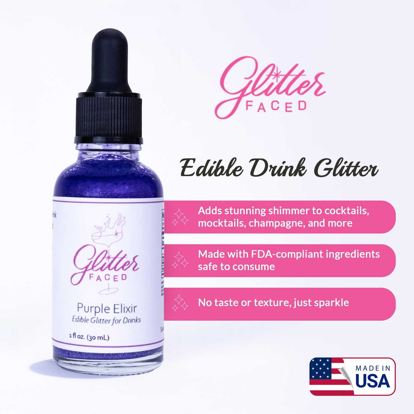 Glitter Faced Purple Edible Glitter For Drinks With 0-Calories, No Taste or Texture | 30ml Food-Grade, 30 Drinks, Luster Dust | Ideal for Beverages, Galentine’s, Parties & Events | Made in USA