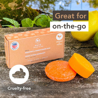 Wave Fresh Citrus Shampoo Bar & Conditioner Bar Set - Vegan & Sulfate-Free - Handmade Moisturizing Solid Bars for All Hair Types - Convenient for Travel, Long-Lasting, (80-120 Uses) - Citrus