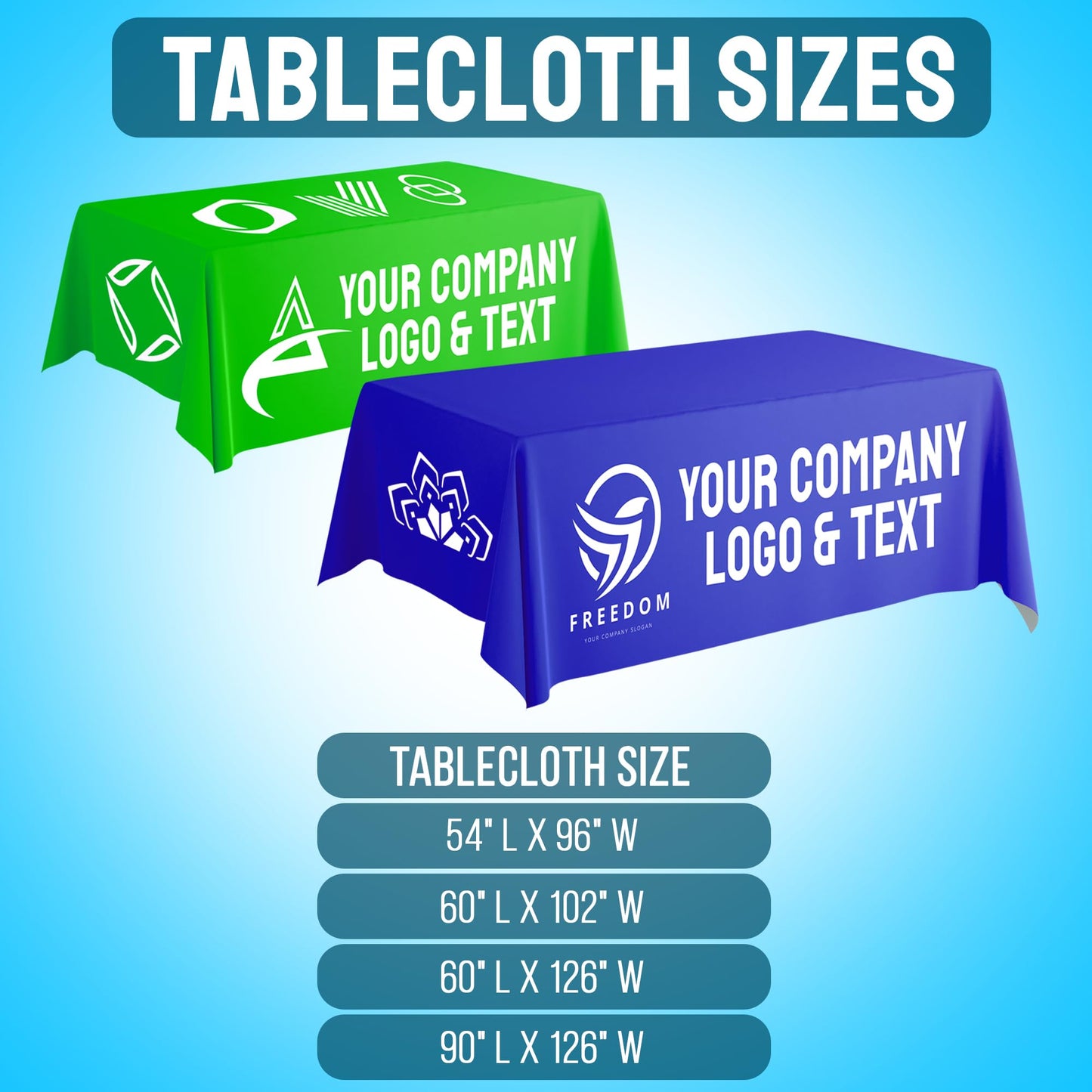 Personalized Tablecloth for Events - Ships Next Day, Made in USA - Birthdays, Weddings, or Tradeshow Events, Machine Washable Polyester Fabric, Available in 4 Sizes, Custom Tablecloth (54"x96")