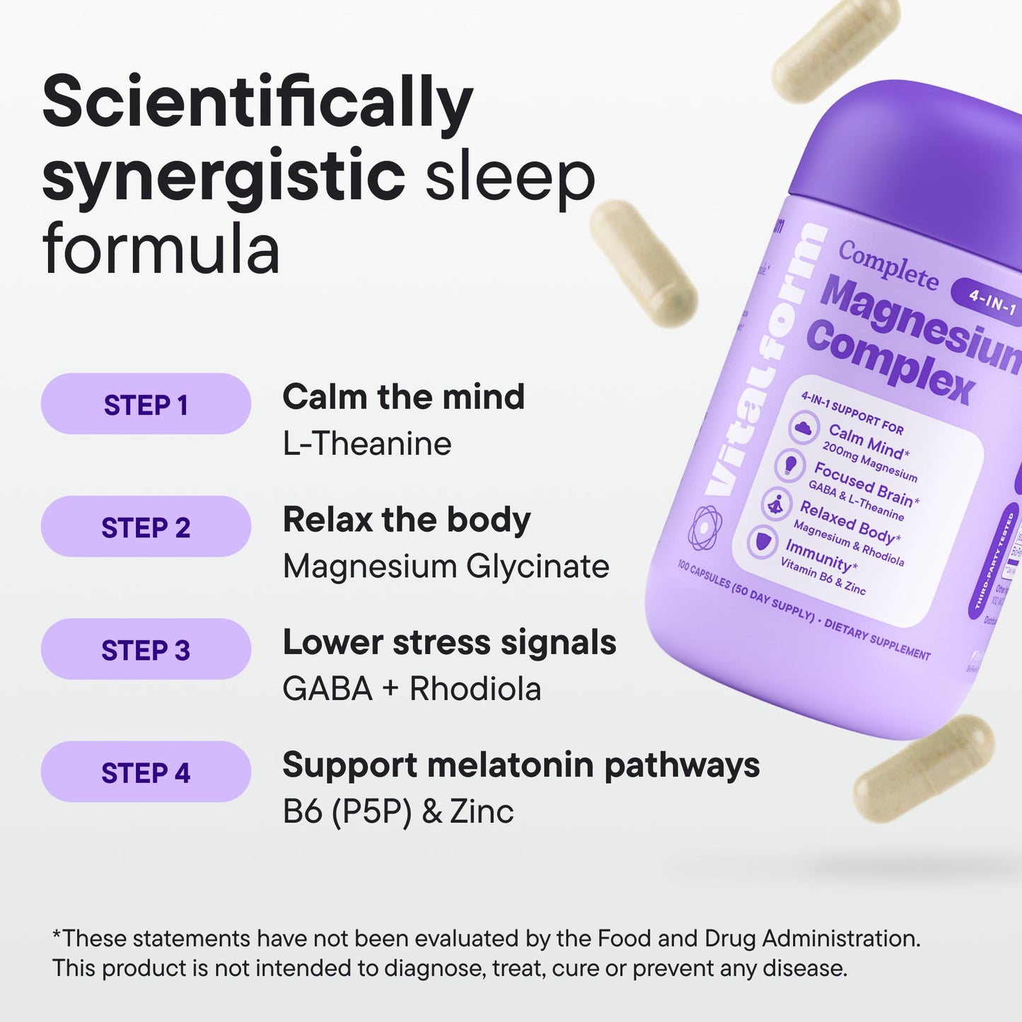 Magnesium Glycinate Sleep Complex – L-Theanine, GABA, Rhodiola, Zinc & B6 – Non-Melatonin Natural Sleep Support, Calm & Stress Relief – Vital Form – 200mg Magnesium – 100 Capsules