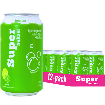 Super Seltzer Sparkling Water with Electrolytes and Vitamins, Lemon Lime Naturally Flavored, 12 Fl Oz, Pack of 12 cans