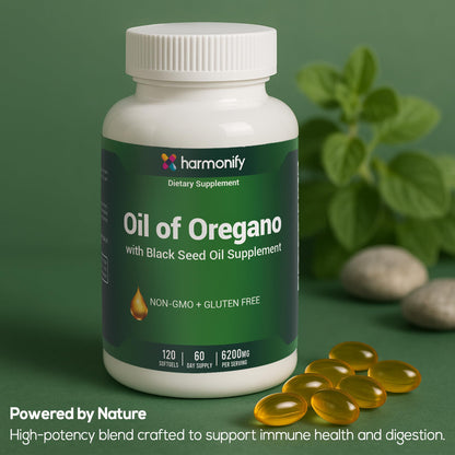 HARMONIFY Oil of Oregano with Black Seed Oil Supplement for Immune & Digestive Support, Black Seed Oil, Oregano Oil Supplement, 120 Softgels, 60 Day Supply, Non-GMO & Gluten Free