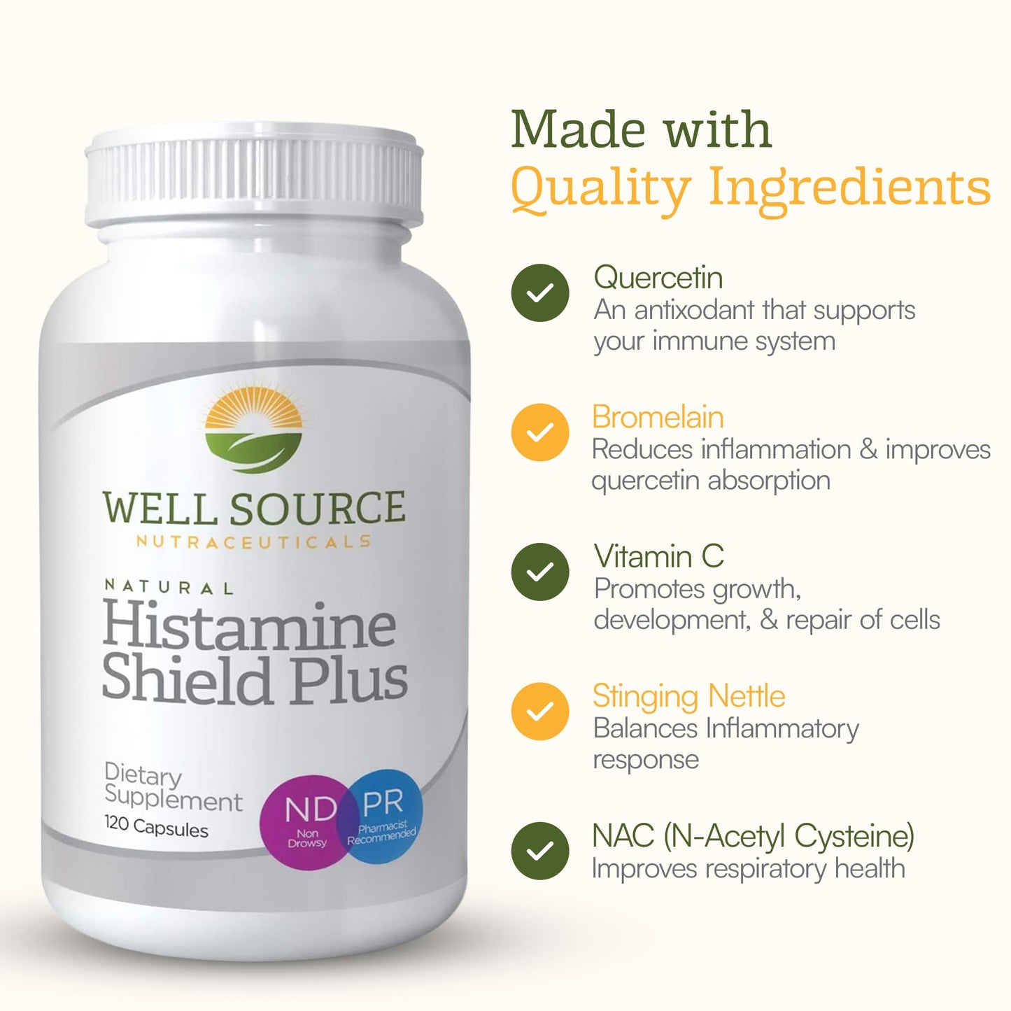 Histamine Shield Plus™ Natural Antihistamine Supplement for Adults, Sinus & Allergy Relief for Pollen, Pet Dander, Dust, Mold, and Odors, Quercetin with Bromelain & Stinging Nettle 120 Capsules