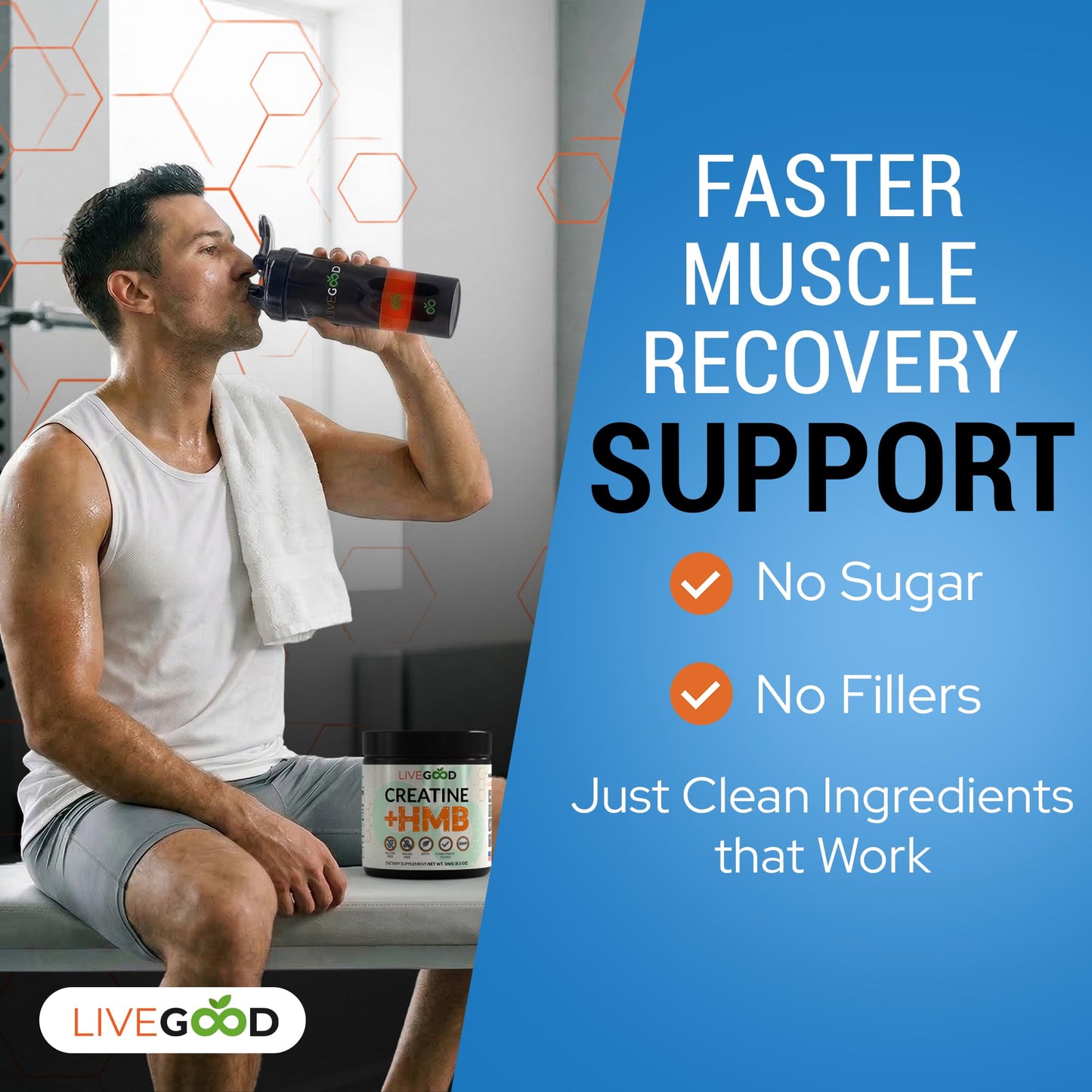 LIVEGOOD Creatine Monohydrate with HMB for Lean Muscle Growth & Recovery – HMB Creatine Powder for Men and Women – Unflavored Creatine, 30 Servings