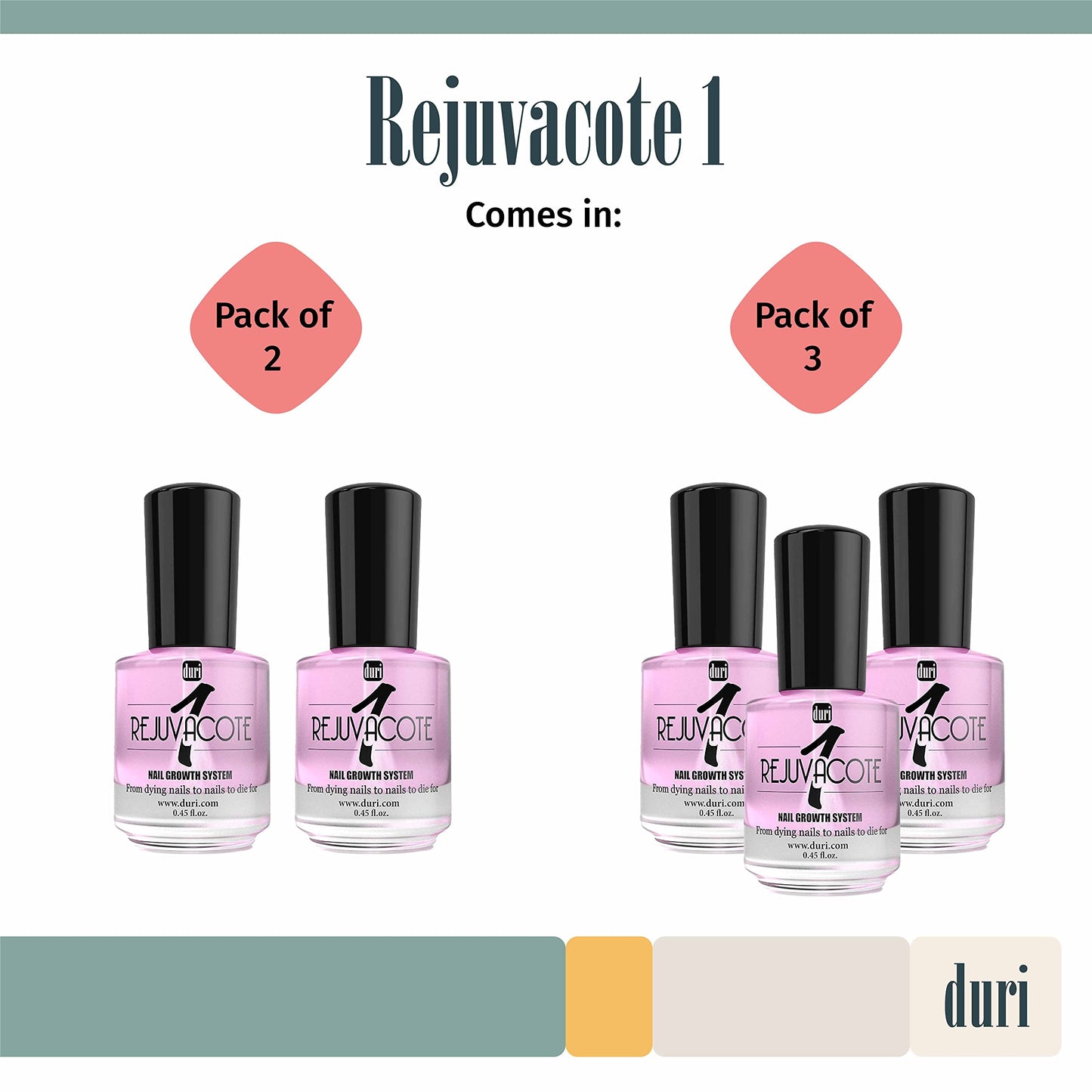 duri Rejuvacote 1 Nail Growth System - Original Maximum Strength Formula - Nail Strengthener and Nail Growth - Base and Top Coat - Pack of 2-0.45 fl. oz.
