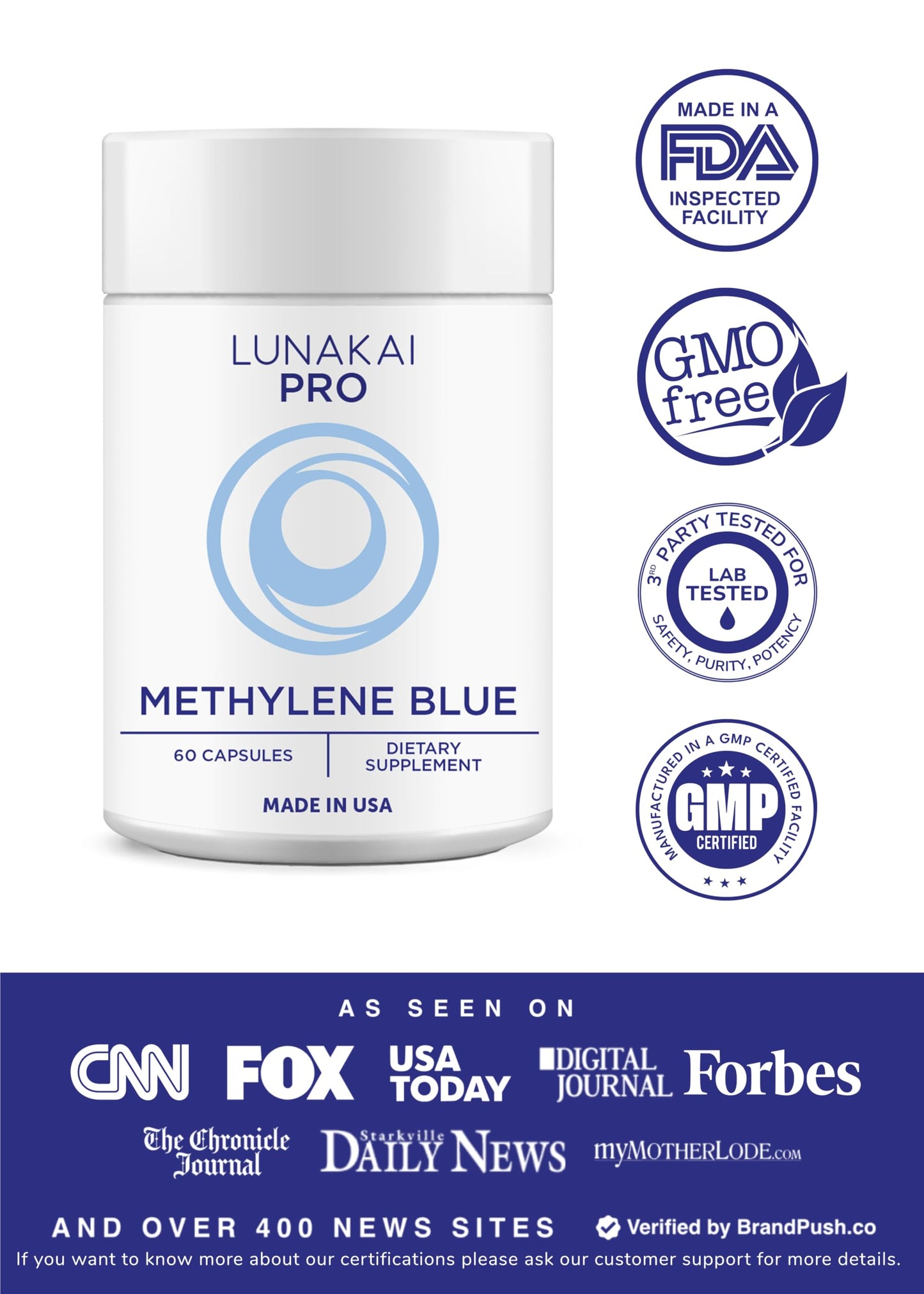 Lunakai PRO USA Made Methylene Blue Capsules Pharmaceutical Grade with Vitamin C, B6, B12 – 3rd-Party Tested Daily Brain & Focus Support Supplement for Humans, 60ct