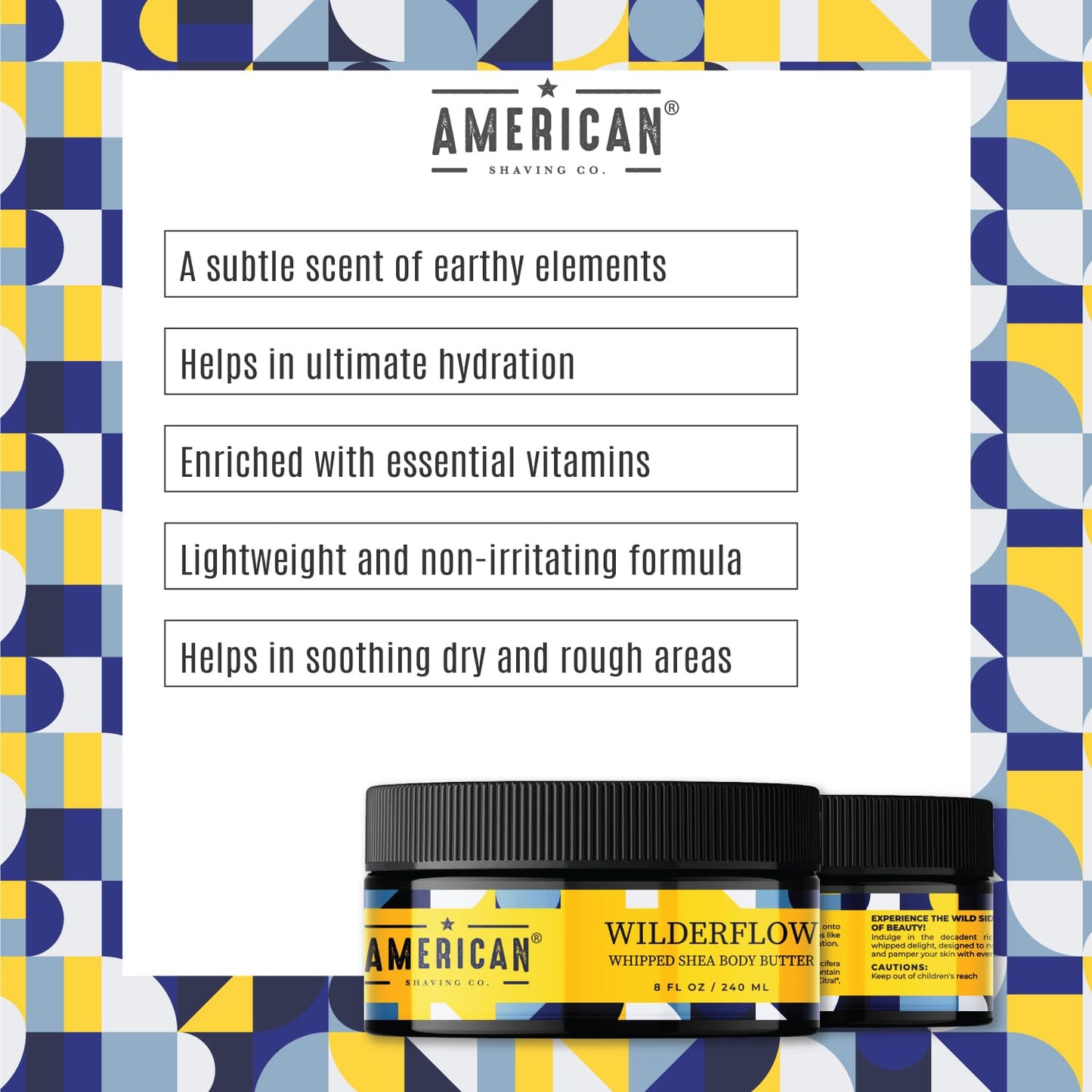 American Shaving Co. WilderFlow Whipped Shea Body Butter 8 Oz, Made in USA, Gentle Formula, Quality Potent Ingredients, Non-GMO, GMP Certified, Cruelty-Free Products