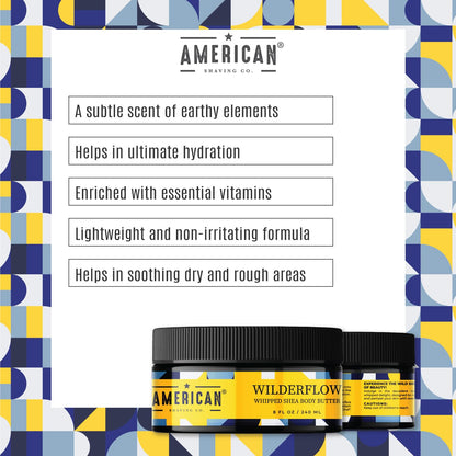 American Shaving Co. WilderFlow Whipped Shea Body Butter 8 Oz, Made in USA, Gentle Formula, Quality Potent Ingredients, Non-GMO, GMP Certified, Cruelty-Free Products