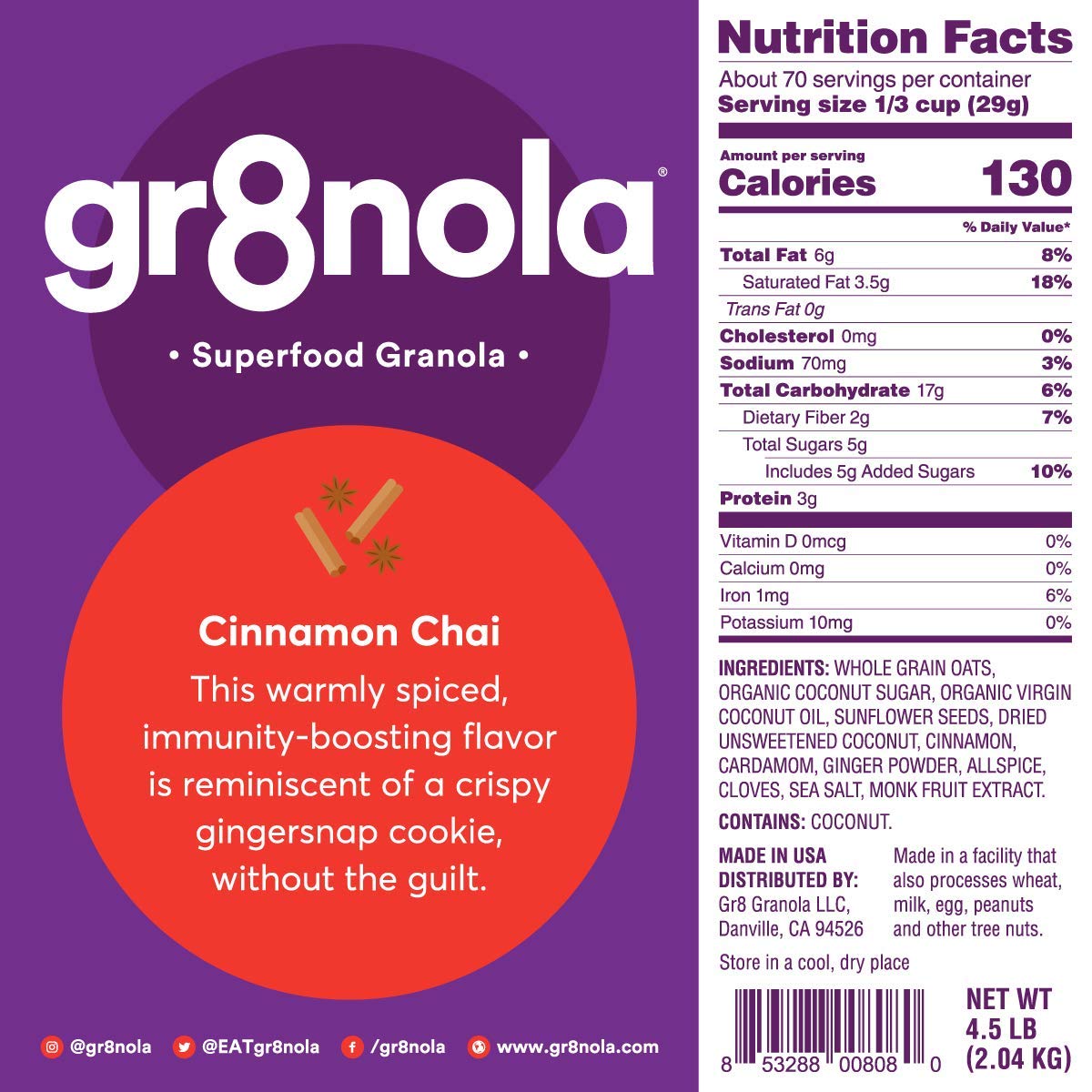 gr8nola CINNAMON CHAI - Healthy, Low Sugar, Vegan Bulk Granola Cereal - Made with Superfoods Cinnamon, Ginger and Cardamom, Soy Free, Dairy Free and No Refined Sugar - 4.5lb Resealable Bag