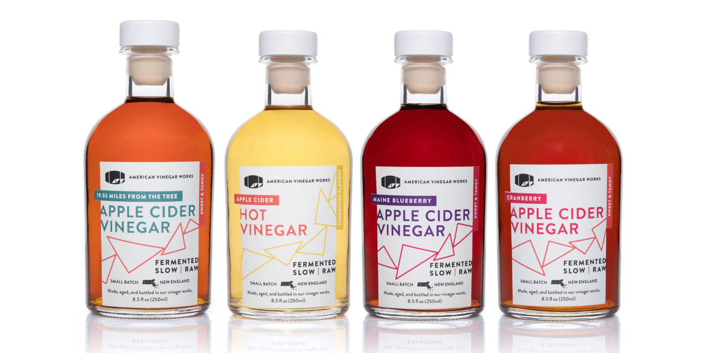 American Vinegar Works - Cider Lovers Vinegar - Includes Apple, Cranberry Apple, Hot Apple, and Wild Blueberry Vinegars Packed in a Custom Box - Great for Gifts - 8.5 oz Bottles - 4 Pack