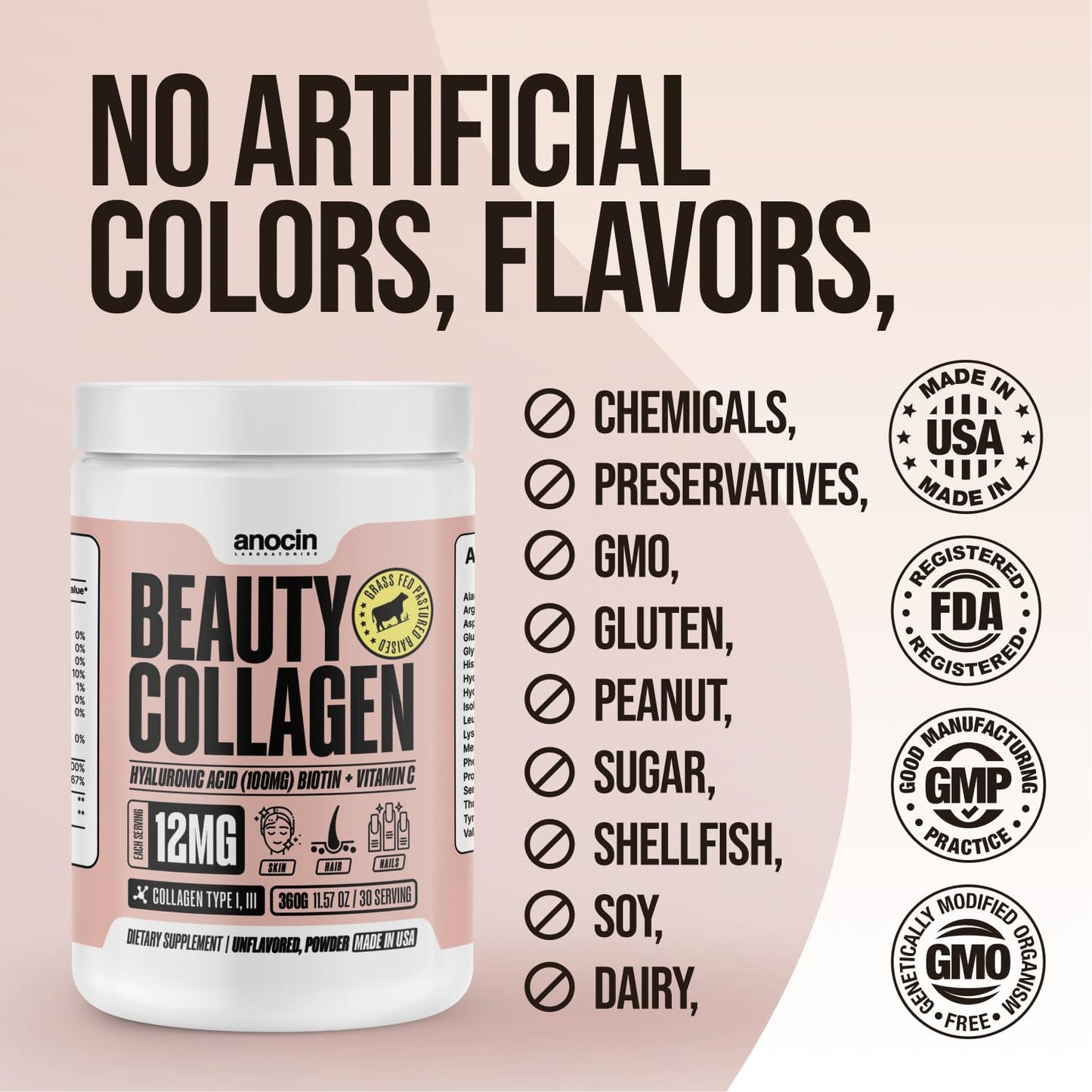 anocin Beauty Collagen Peptides, Unflavored Powder