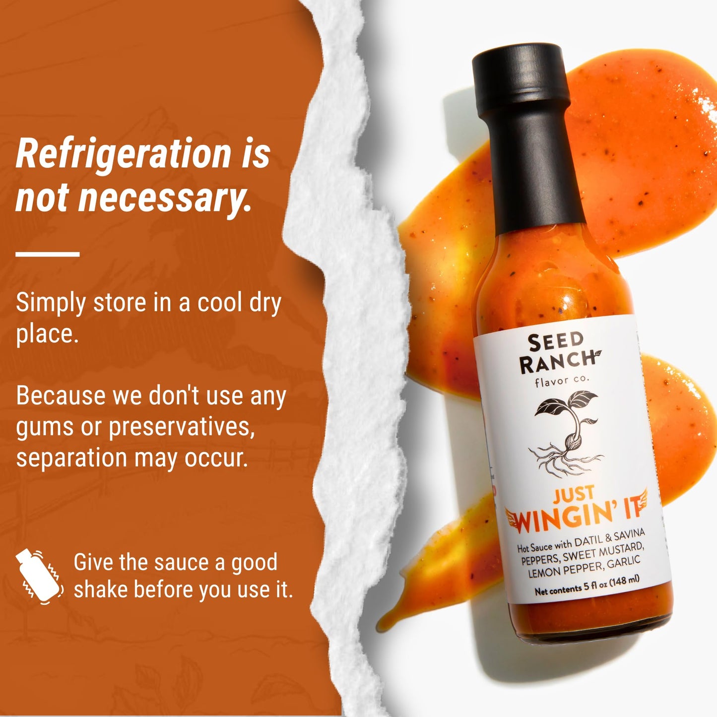 Seed Ranch Just Wingin' It Hot Sauce, 5 fl oz., Medium Heat, Datil and Savanna Peppers, Small-Batch Organic Gourmet Sauces, Vegan, Non-GMO, Gluten-Free, As Seen on Hot Ones S27