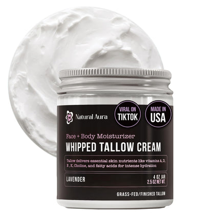 Whipped Beef Tallow for Skin - Face + Body Moisturizer, 100% Grass Fed Grass Finished Tallow and Honey Balm for Dry Skin - Natural Lotion - Free of Harsh Chemicals - 4oz, (Lavender)