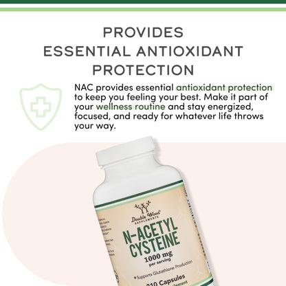 NAC Supplement N-Acetyl Cysteine (1,000mg Per Serving 500mg Per Cap, 210 Capsules) (Third Party Tested) with Odor Masking Technology to Boost Glutathione Levels by Double Wood