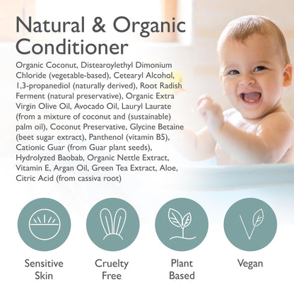 SoCal Suds & Company - Organic Baby & Kids Conditioner - Moisture Baby Hair Conditioner - Gentle Natural Vitamin Rich Ingredient Organic Oils for Babies and Kids Sensitive Scalp - Fragrance Free, 12oz