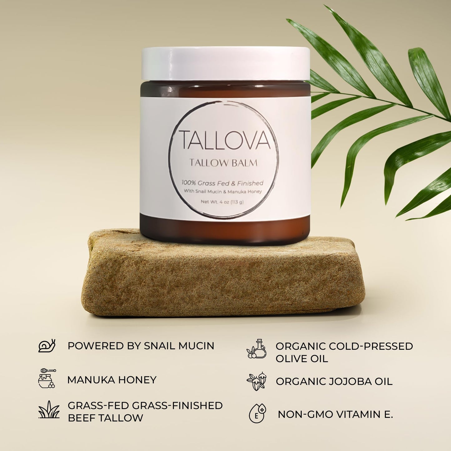 Tallova Hydrating Tallow Balm - Organic Beef Tallow for Skin. Enhanced with Snail Mucin & Manuka Oil, Unscented Eczema Care Moisturizer for Adult Men & Women. 4 Oz