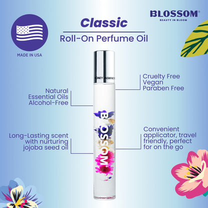 Blossom Roll on Perfume for Women Alcohol Free Rollerball Perfume Oil with Essential Oils, Infused with Real Flowers, Made in USA, 0.3oz, 3 pack Mini Gift Set, Hibiscus/Honey Jasmine/Rose