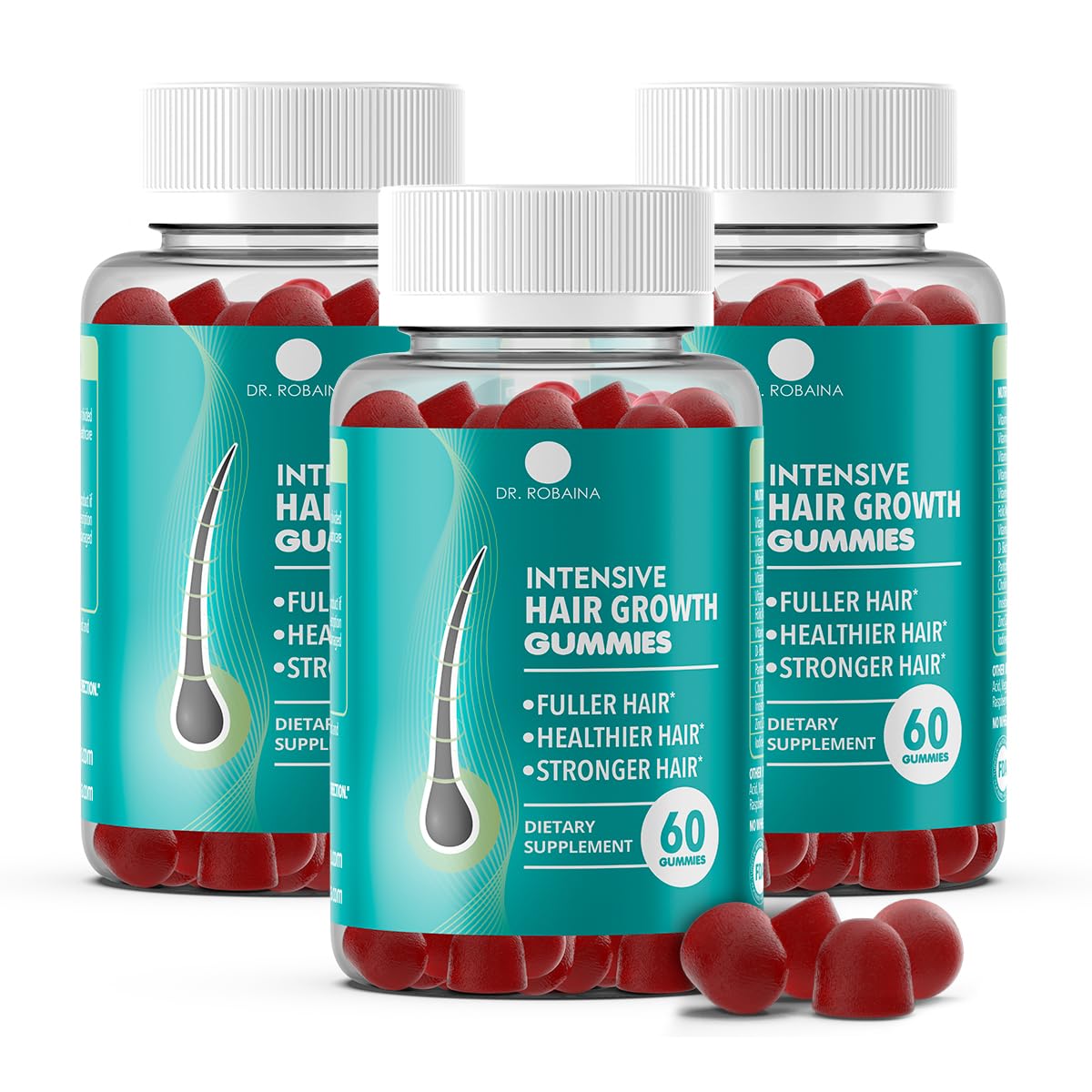 Dr. Robaina Intensive Hair Growth Gummies | Fuller-Looking Hair | Healthier Hair Appearance | Stronger Hair | Made in USA (Pack of 3)
