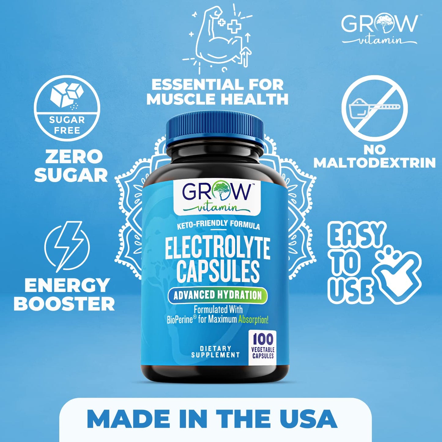 grow vitamin Electrolyte Capsules – Sugar-Free Electrolyte Tablets for Energy, Endurance & Hydration. Keto-Friendly Salt Pills, No Maltodextrin. Perfect for Fitness & Daily Hydration – 100 Caps