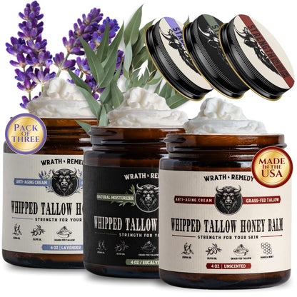 Organic Beef Tallow for Skin - 4 OZ (Pack of 3) — US-Made Grass Fed Beef Tallow for Face + Body — Whipped Tallow and Honey Balm Moisturizer for Dry and Sensitive Skin, Eczema, Rosacea (No Additives)