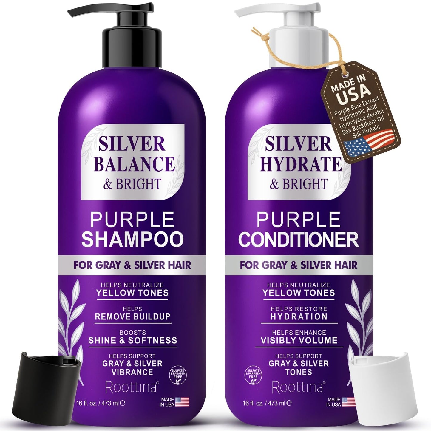 ROOTTINA Purple Shampoo and Conditioner Set for Grey Hair – Silver & White, Balance & Bright, Brass Neutralizing, High Hydration Without Drying Out, Sulfate-Free, Made in USA, 16 fl oz Each