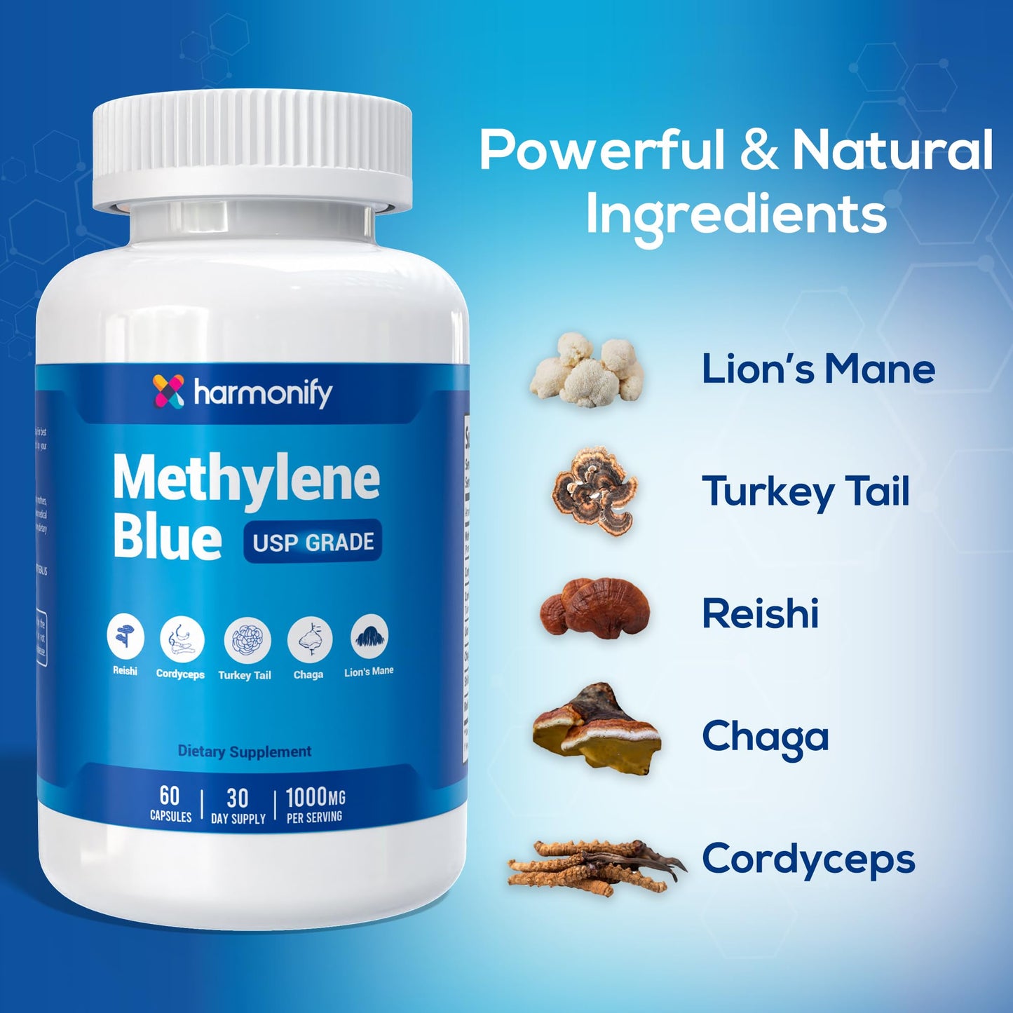 HARMONIFY Methylene Blue Capsules with Lion’s Mane, Chaga, Cordyceps, Reishi, and Turkey Tail Capsules, 1000mg – USP Grade Brain&Mitochondria Supplement – 60 Cnt | Made in USA