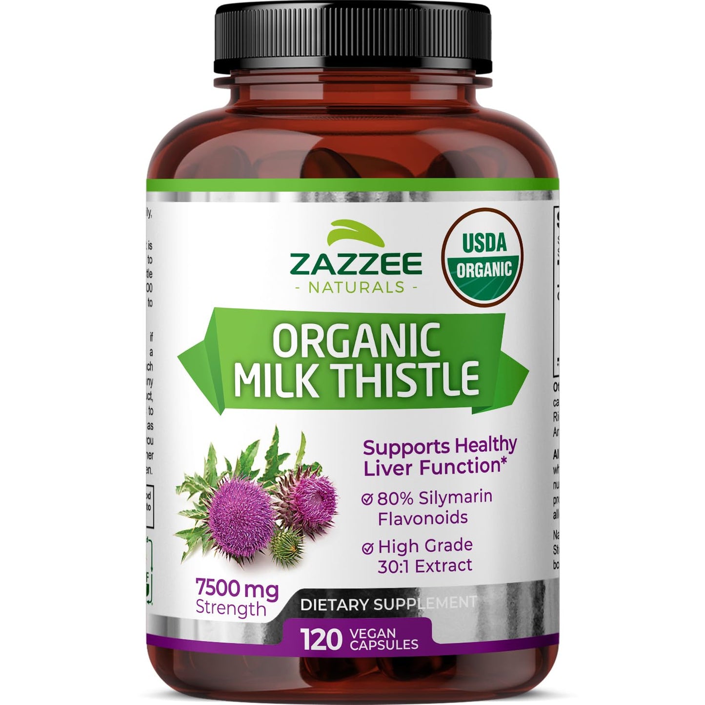 Zazzee USDA Organic Milk Thistle 30:1 Extract, 7500 mg Strength, 120 Vegan Capsules, 80% Silymarin Flavonoids, Standardized and Concentrated 30X Extract, 100% Vegetarian, All-Natural and Non-GMO