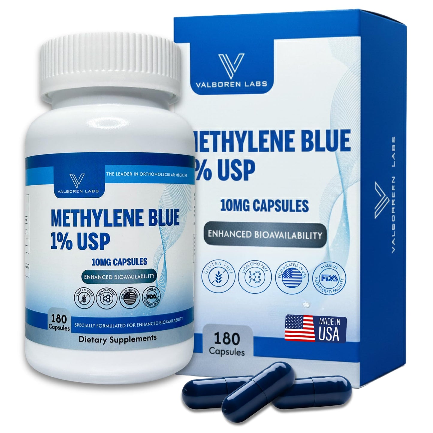 Methylene Blue Capsules 10mg - Pharmaceutical Grade Supplement - Trusted Made in America Brand - (USP Reference Compliant) with Vitamin C Ester Enhanced Absorption - Third Party Tested - 180 Pills