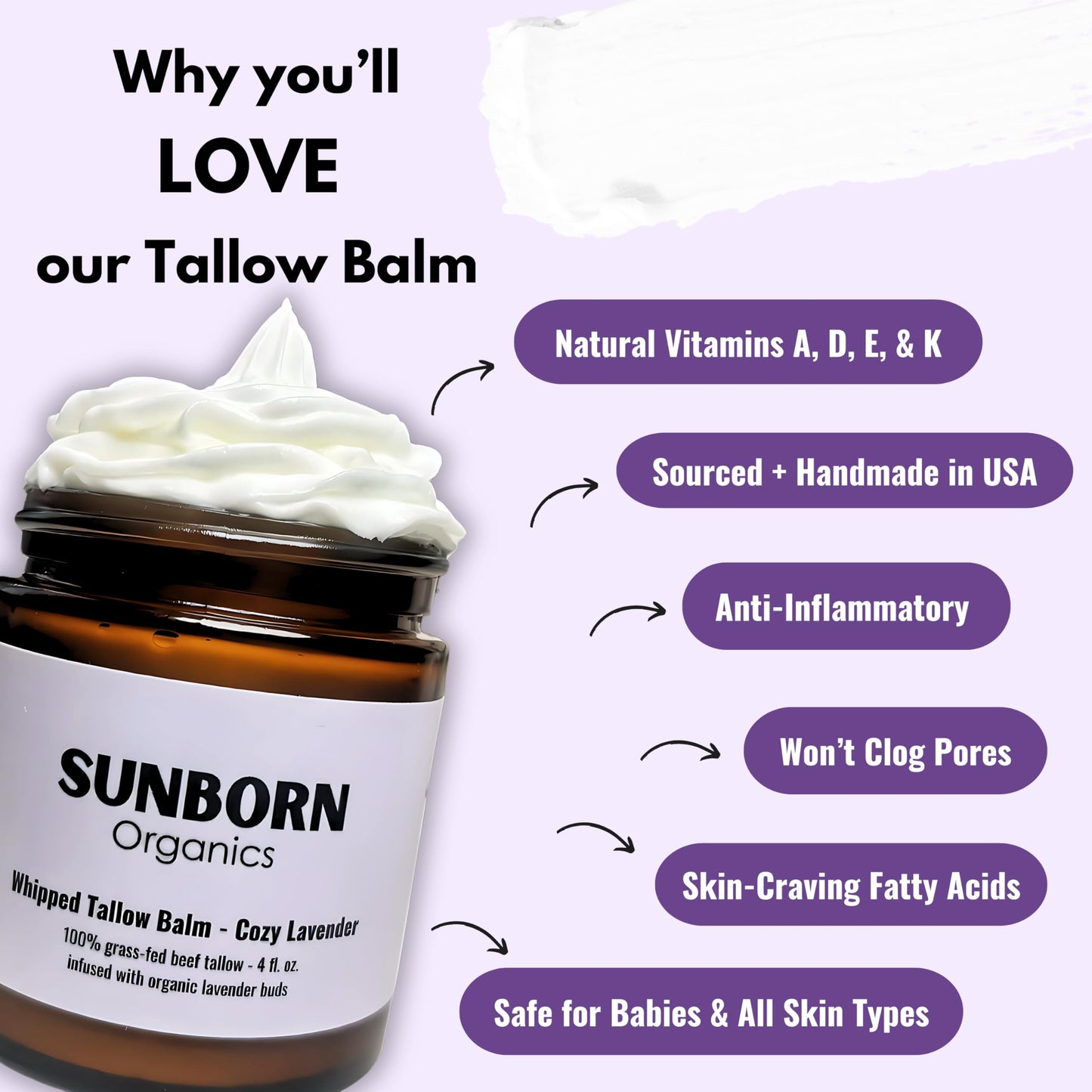 Pure Whipped Tallow Balm | Handmade in USA | 100% Organic Grass-Fed Beef Tallow for Skin | Beef Tallow Face Moisturizer Lotion for Dry Skin, Eczema, Baby, Lip Balm (4oz, Cozy Lavender)