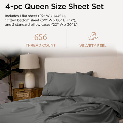 Threadmill Supima Cotton Sheets Queen | 656 Thread Count Queen Sheets for Queen Mattress | 4 Piece Luxury Bed Sheets | Sateen Weave Hotel Quality Sheet with Elasticized Deep Pocket | Dark Grey Sheet