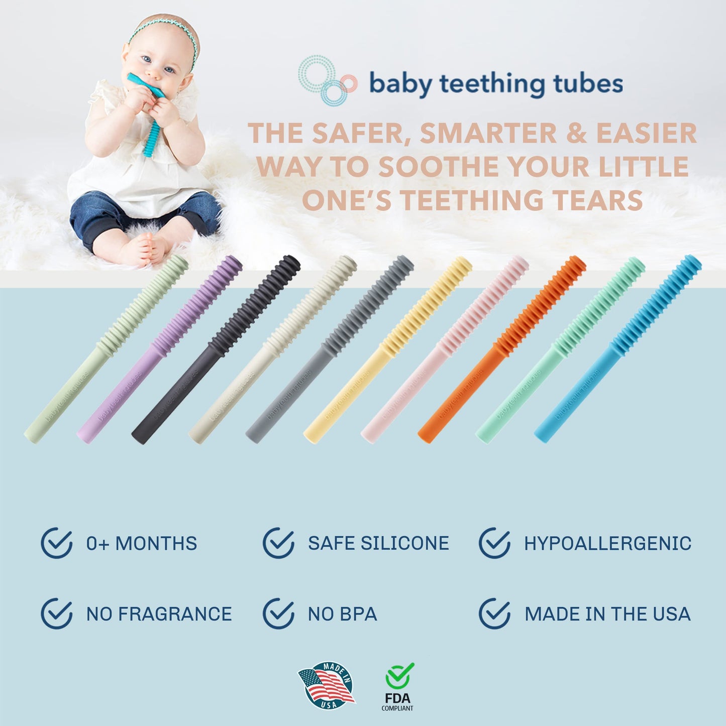 Baby Teething Tubes - Made in The USA Baby Teething Toys - Soft & Durable Infant Toys and Toddler Silicone Teether - 7 Inches, Orange - Baby Must Haves for Teething Relief - Food Safe & Easy to Clean