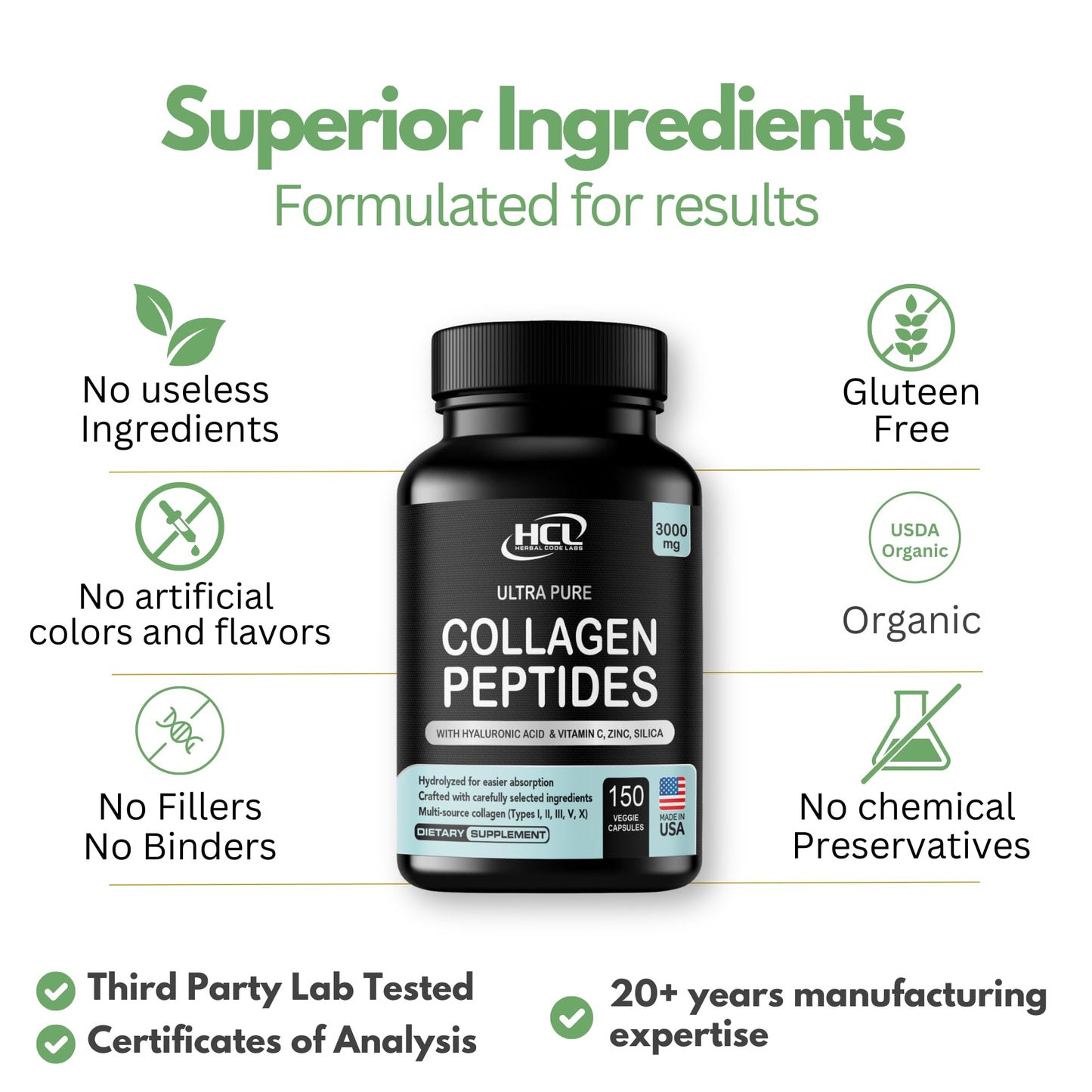 Collagen Peptides Powder with Vitamin C & Hyaluronic Acid - Organic Cleanest Sources & Super High Absorption - Hydrolyzed Multi Type I, II, III, V, X - Skin Hair Supplement (capsules)