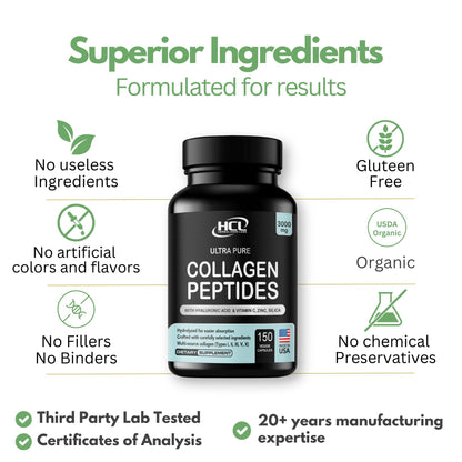 Collagen Peptides Powder with Vitamin C & Hyaluronic Acid - Organic Cleanest Sources & Super High Absorption - Hydrolyzed Multi Type I, II, III, V, X - Skin Hair Supplement (capsules)