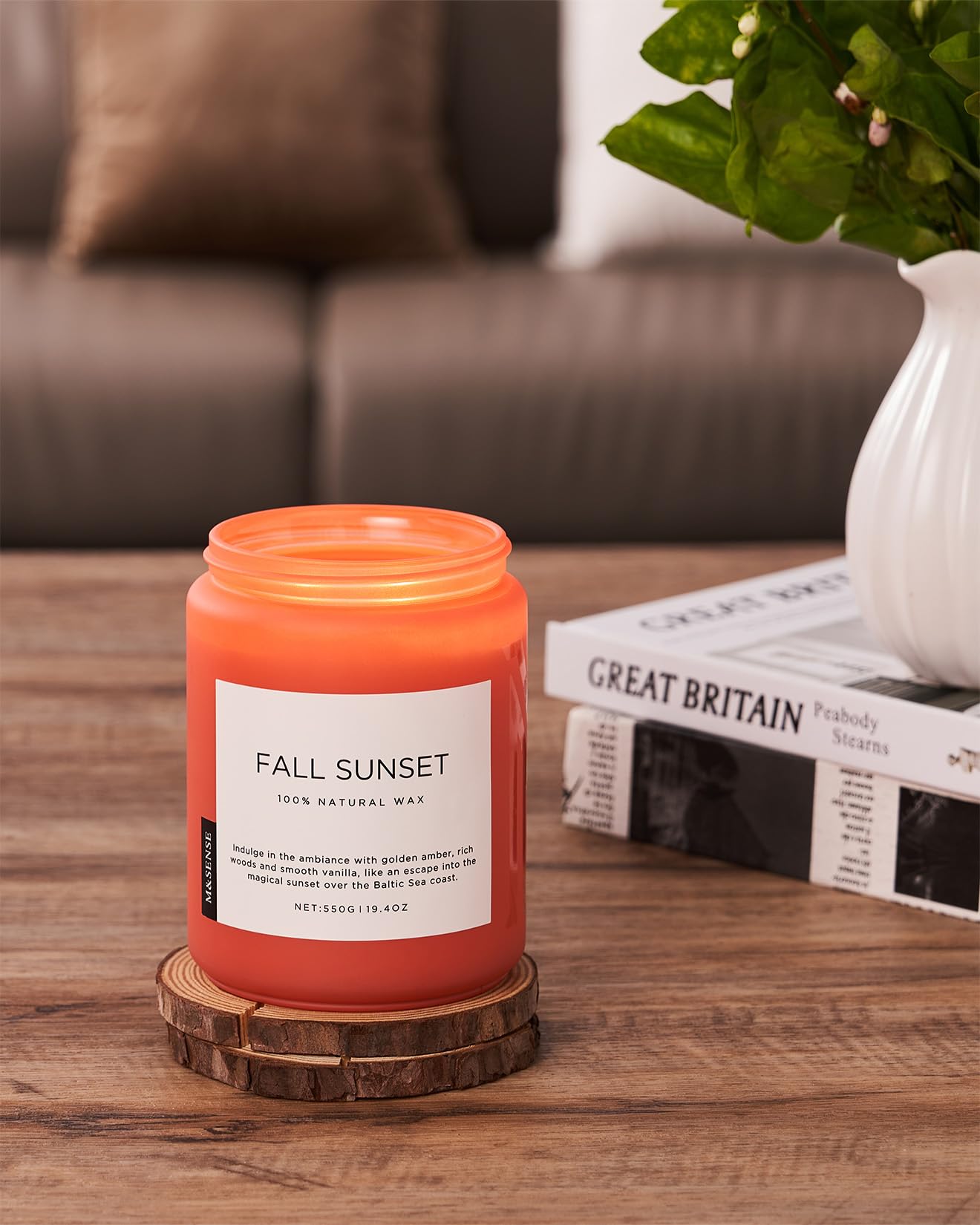M&SENSE Fall Sunset Amber Scented 19.4oz 110 Hours Long Lasting Slow Burning Candle for Housewarming, Large Natural Soy Organic Relaxing Aromatherapy Candle Gifts for Women Men