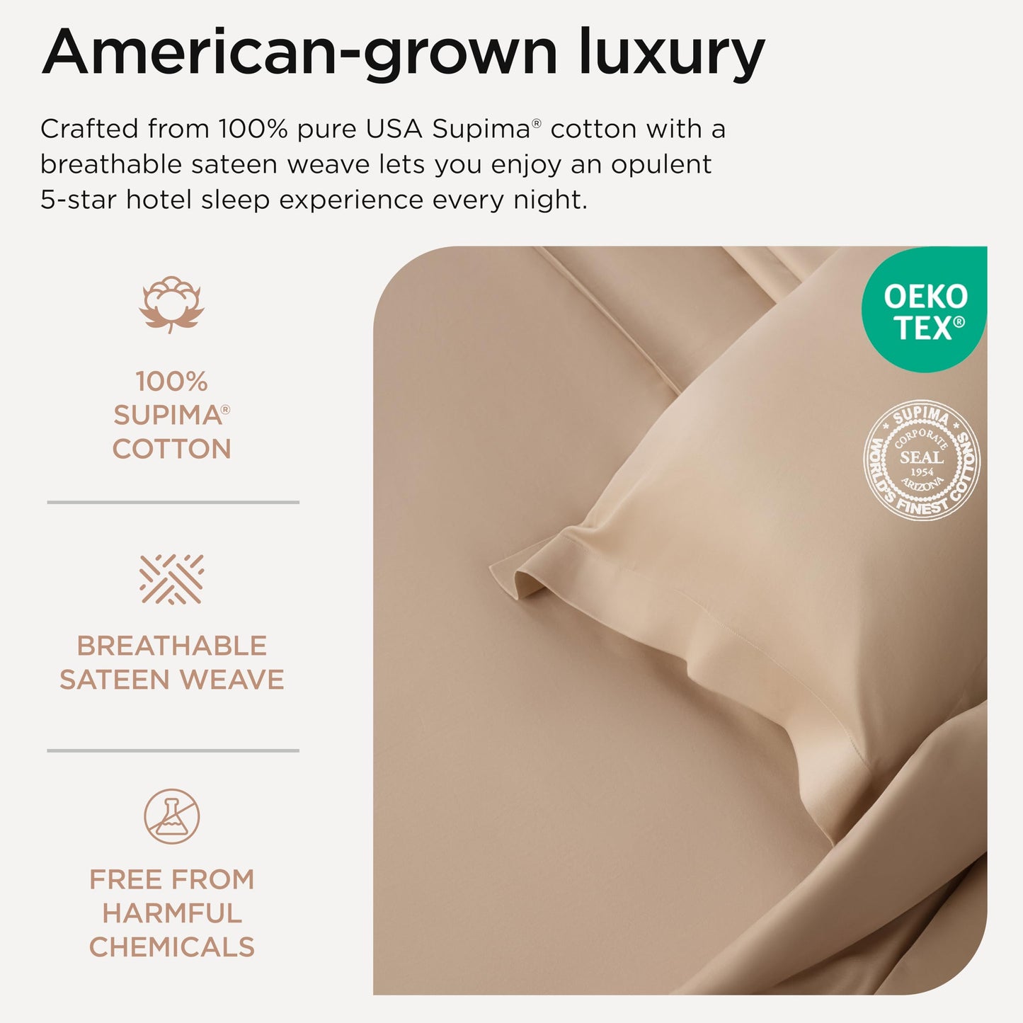 Threadmill Supima Cotton Sheets Queen | 656 Thread Count Queen Sheet for Queen Mattress | 4 Piece Luxury Bed Sheets | Sateen Weave Hotel Quality Sheet with Elasticized Deep Pocket | Beige Sheets