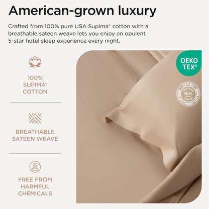 Threadmill Supima Cotton Sheets Queen | 656 Thread Count Queen Sheet for Queen Mattress | 4 Piece Luxury Bed Sheets | Sateen Weave Hotel Quality Sheet with Elasticized Deep Pocket | Beige Sheets