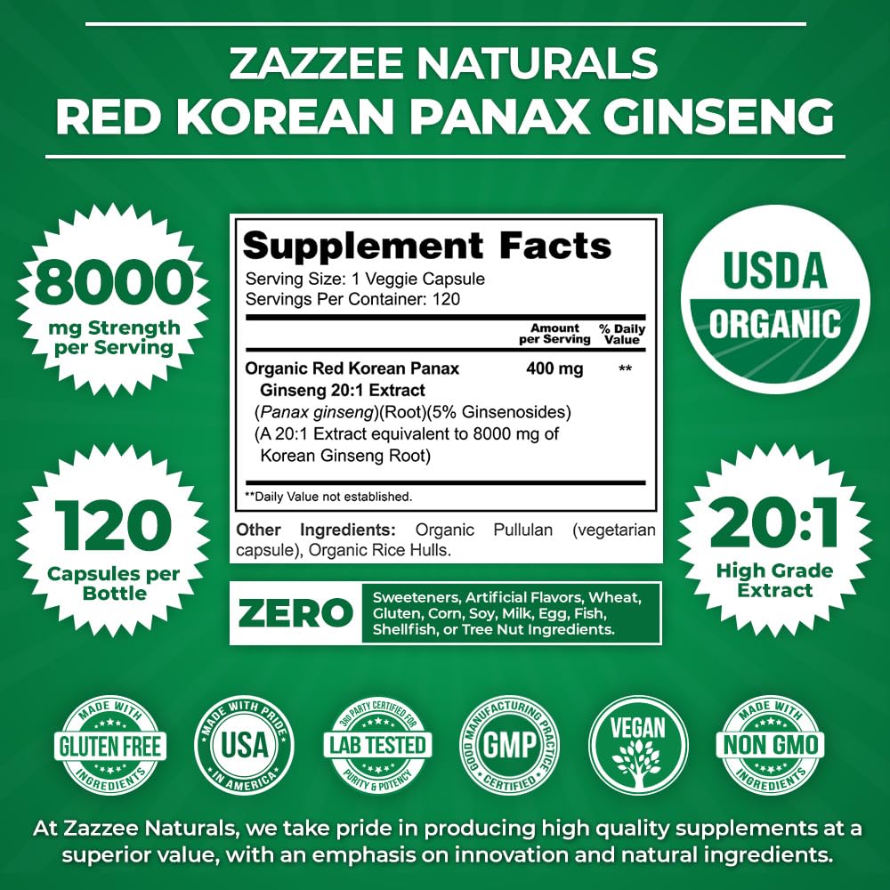 Zazzee USDA Organic Red Korean Panax Ginseng 20:1 Extract, 8000 mg Strength, 5% Ginsenosides, 120 Vegan Capsules, Standardized and Concentrated 20X Root Extract, 100% Vegetarian, All-Natural, Non-GMO