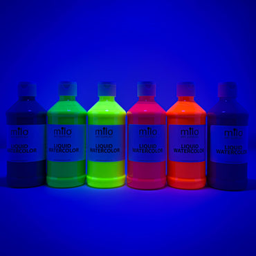 milo Fluorescent Liquid Watercolor Paint Set of 6 Colors | 8 oz Bottles | Neon, Washable, Safe and Non-Toxic | Made in the USA | Art & Craft Paints | Glows UV with Black Light