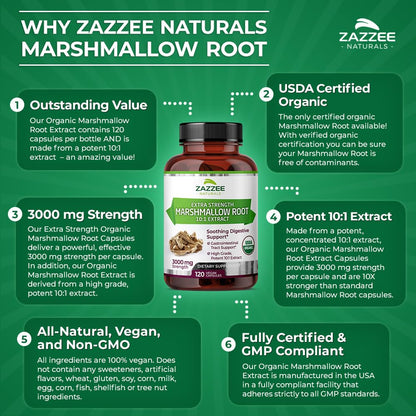 Zazzee USDA Organic Marshmallow Root 10:1 Extract, 3000 mg Strength, 120 Vegan Capsules, 4 Month Supply, Standardized, Concentrated 10X Extract, 100% Vegetarian, All-Natural, Non-GMO, Made in The USA