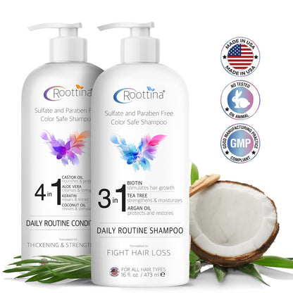 Fights Hair Loss – Roottina Daily Routine Shampoo and Conditioner for Women Hair Loss with DHT Blocker, Formulated for Thinning Hair & Hair Growth Support, Infused with Natural Oils (16 fl oz x 2)