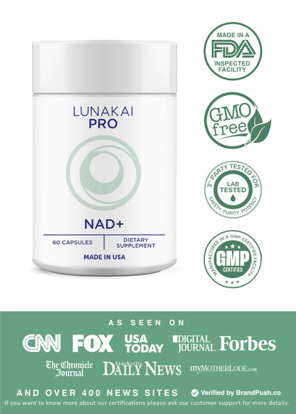 Lunakai PRO USA Made Dual-Pathway NAD+ Formula with NR & Resveratrol – Natural NAD Supplement for Women & Men – Longevity & Cellular Health Support, 60ct