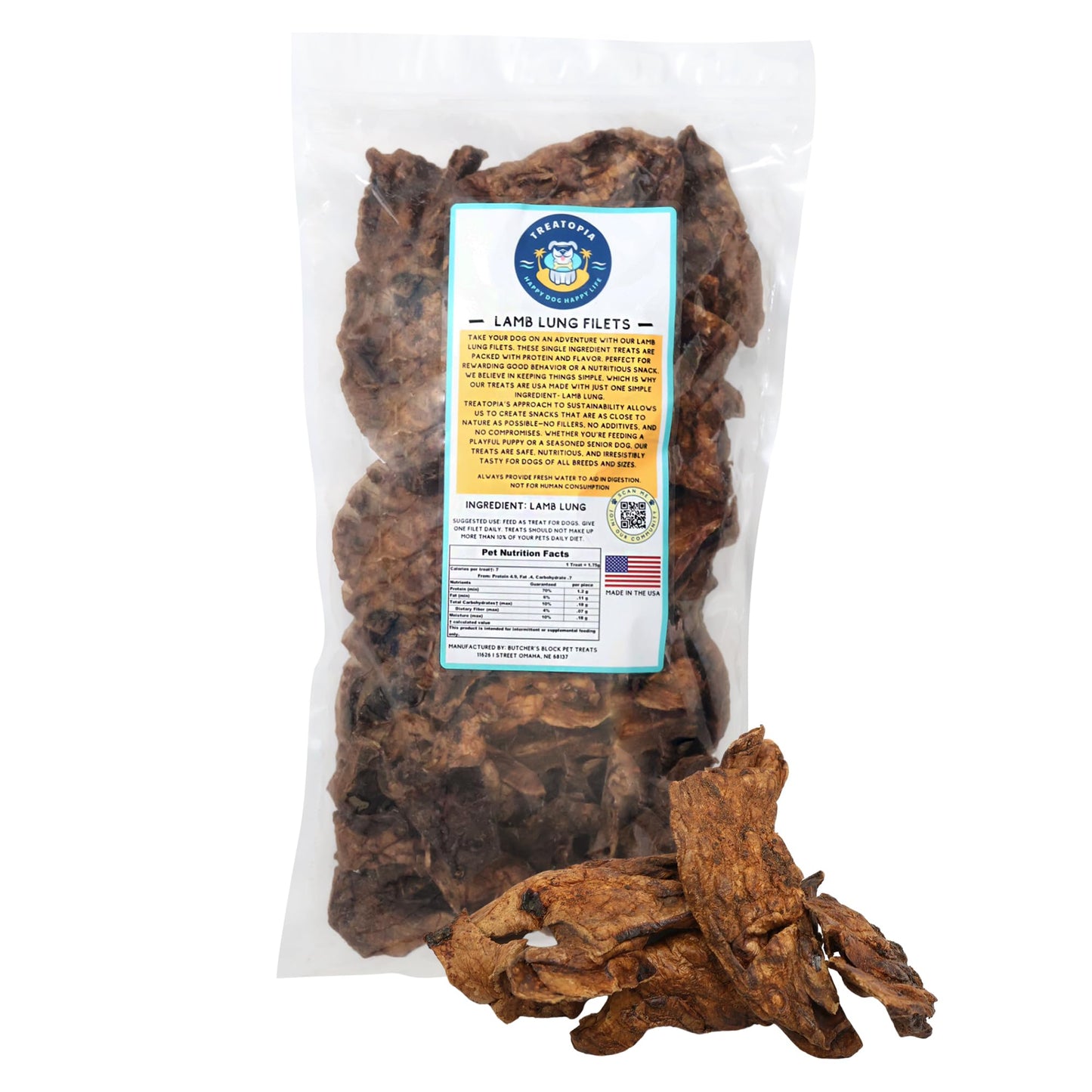 TREATOPIA Lamb Lung Filet Dog Treats - All-Natural, Sustainable, Healthy, High Protein, Hand-Trimmed, Slow-Roasted, Made in The USA, Nutritious, No Additives, No Fillers
