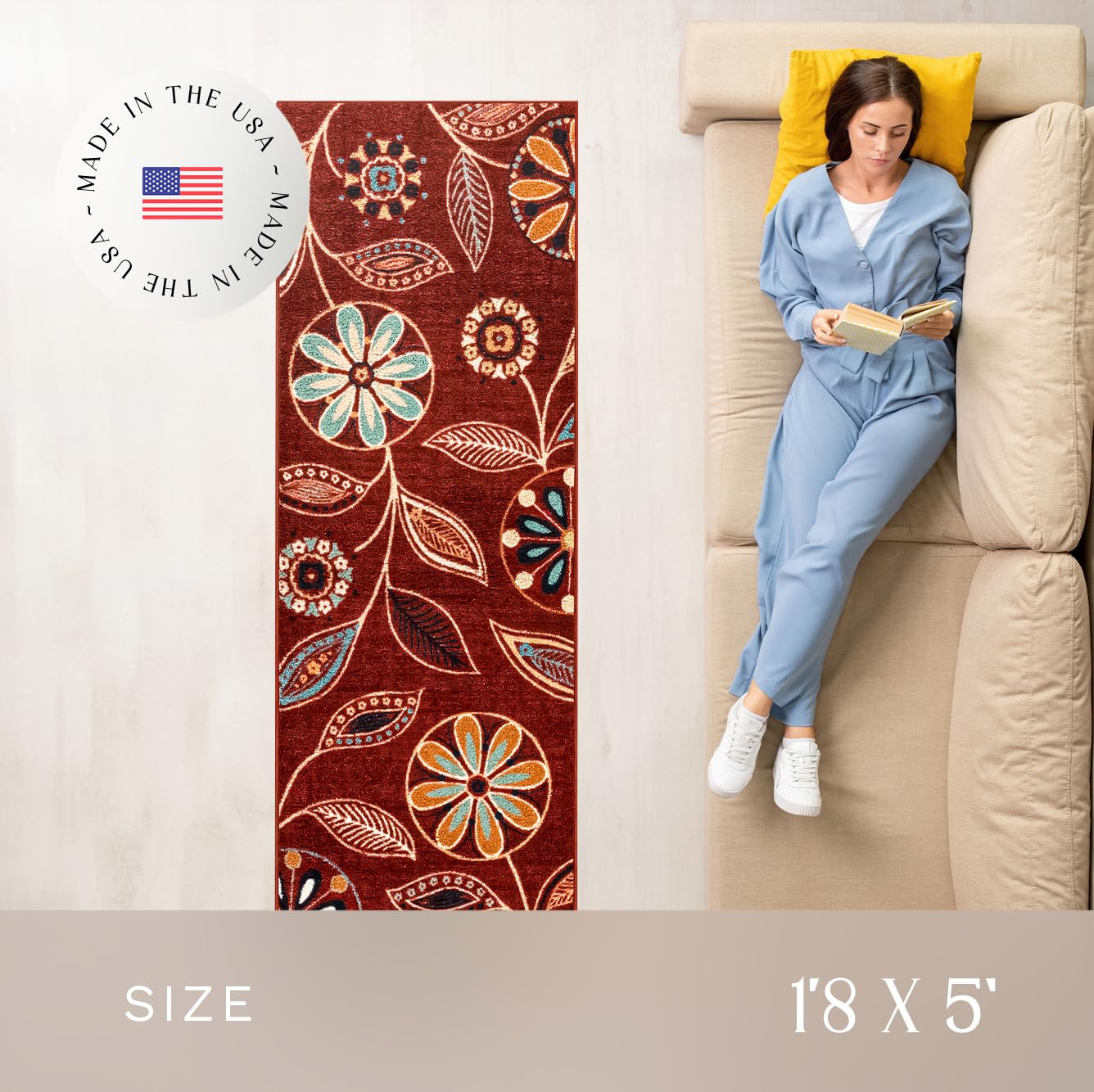 Maples Rugs Reggie Floral Runner Rug - Made in USA - Washable, Non Slip Indoor Carpet for Kitchen, Hallway, and Laundry Room, 1'8 x 5, Merlot