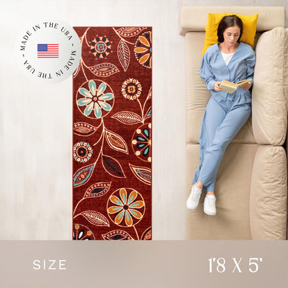 Maples Rugs Reggie Floral Runner Rug - Made in USA - Washable, Non Slip Indoor Carpet for Kitchen, Hallway, and Laundry Room, 1'8 x 5, Merlot